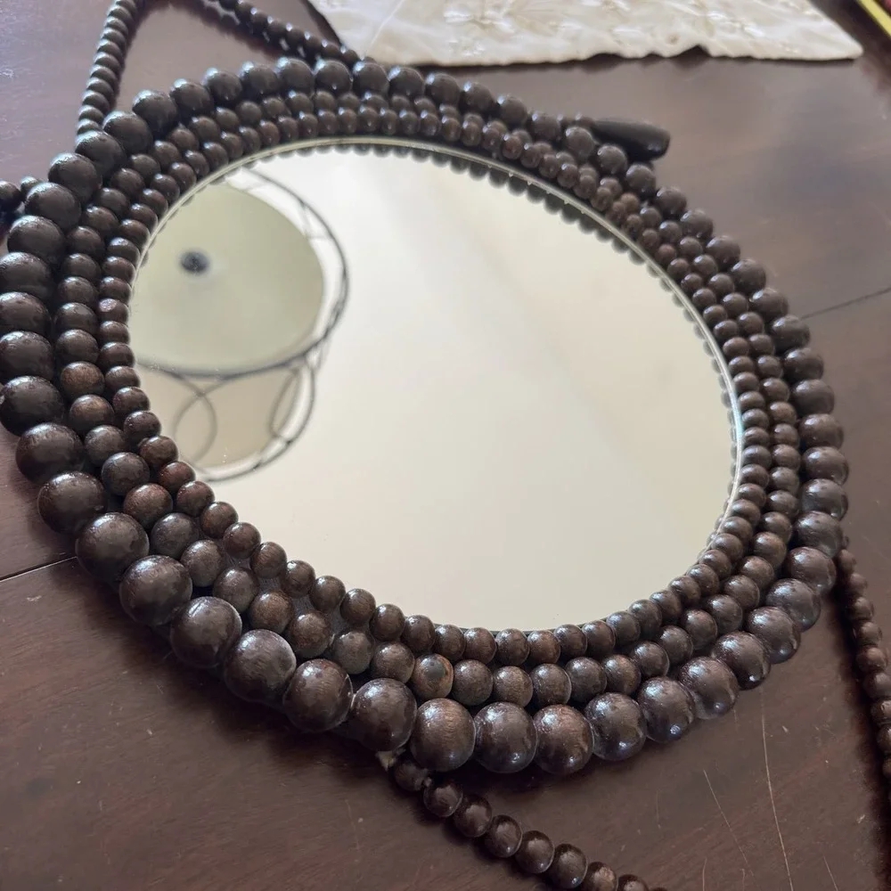 Vintage Hanging Wooden Beaded Round Mirror 1970s Boho Chic Eclectic Accent Wall